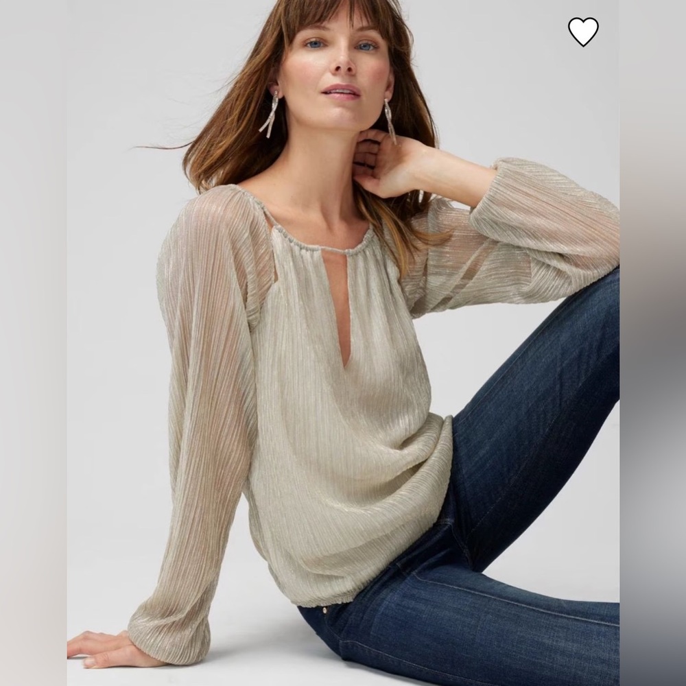 💛NWT White House Black Market Long Sleeve Silver/Gold Lurex On Ecru Crinkle Top - Picture 5 of 6